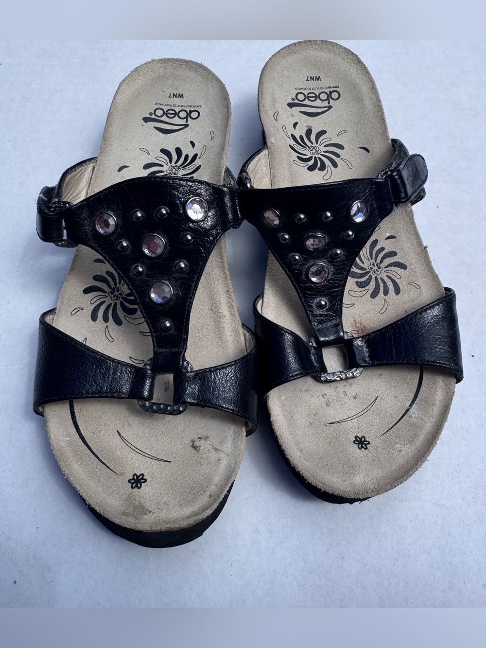 Abeo Black Leather Rhinestone Comfort Sandals Footbed Slides Women 7
